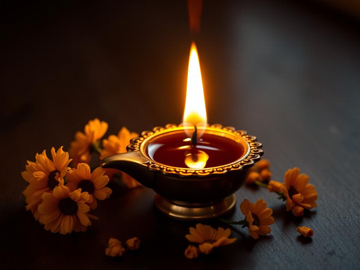 Brass diya and marigold